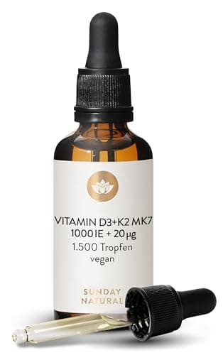 SUNDAY NATURAL® Vitamin D3 K2 Tropfen hochdosiert - Vegan - Premium Vitamin D 3 1.000 IE + K2-MK7 ≥99,8% all-trans 20µg - Optimale Bioverfügbarkeit, ohne unnötige Zusätze, laborgeprüft