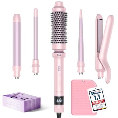 BESTOPE PRO Lockenstab, 5 in 1 Lockenstäbe Set mit Glätteisen, Thermobürste, 3 Keramische Lockeneisen (9mm- 25mm) für Große Locken, 13 Temperaturen, Hair Curler mit Hitzebest.Matte, Handschuh, Rosa