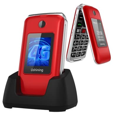 Tosaju 4G Seniorenhandy ohne Vertrag Klapphandy 1200 mAh Akku Lange Standby Mobiltelefon Großtasten Handy für Senioren mit Ladestation SOS Notruftaste Dual-SIM 2,8 und 1,77 Zoll Farbdisplay Rot