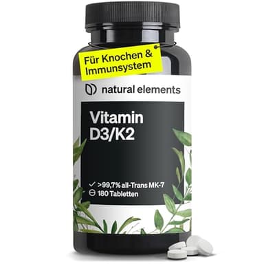 natural elements Vitamin D3 + K2 Depot – 180 Tabletten – Premium-Qualität: K2VITAL® von Kappa – 99,7+% All-Trans K2-MK7 + 5000 IE Vitamin D3 – hochdosiert, ohne Zusätze – laborgeprüfte Qualität