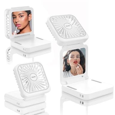 EasyAcc Tischventilator Batteriebetriebener 5000mAh mit Umhängeband,32 Std Tragbarer Ventilator mit Spiegel, 5-Gang-wiederaufladbarer persönlicher Nackenventilator, Powerbank mit Telefonhalterung-Weiß