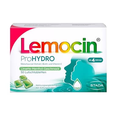 Lemocin ProHYDRO Lutschtabletten mit Limette-Menthol-Geschmack für Hals und Rachen - für Erwachsene und Kinder ab 4 Jahren - mit Vitamin C, Biotin und Eibischwurzelextrakt - 1 x 50 Stück