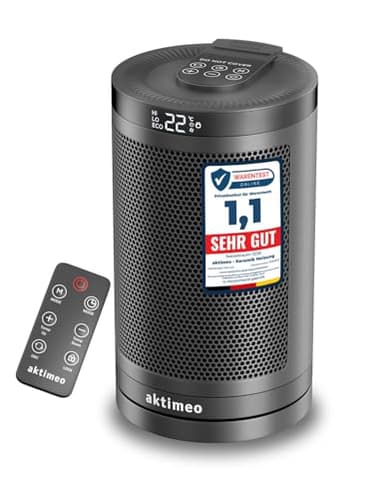 aktimeo NEU Heizlüfter energiesparend [TESTSIEGER], 1500W elektrischer Keramik Heizlüfter mit Thermostat, Überhitzungs-, Kipp- und Kinderschutz, 12 Std. Timer, Heater, inkl. Fernbedienung, schwarz