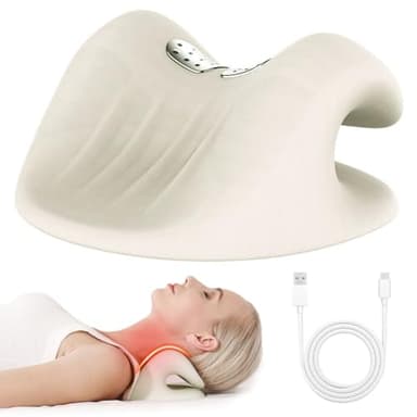 Necluner Massager 4in1, EMS Elektrische Nackenmassagegerät Kabellos, Massagegerät Nacken mit Wärme,16 Einstellbare Frequenzen,Nackenstrecker, Entspannungskissen Neclune Akupressur für den Nacken,Weiß