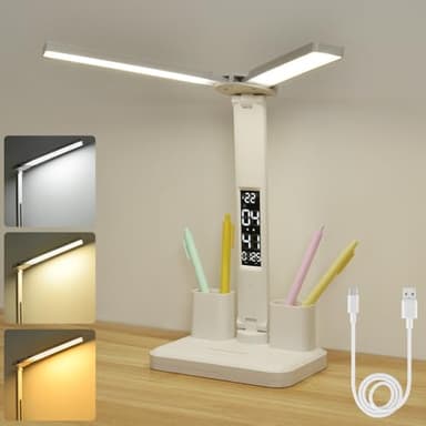 vsshe Dual Swing Arm LED Schreibtischlampe, Schreibtischlampe led, Lumen Doppelkopf lamp, Touch-Steuerung Led Tischlampe mit 3 Farbtemperaturen und LED-Anzeige, Schreibtisch Lampe für Studium Büro
