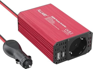 ALLWEI 300W Wechselrichter 12V auf 230V Spannungswandler, Stromwandler mit Typ-C & USB Anschluss, Inverter 12V 220V, Auto Steckdose für Auto, Laden von Handys, Laptops und Anderen Geräten(Rot)