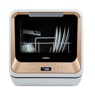 MEDION Mini Geschirrspüler DWT20 (Tischgeschirrspüler, Spülmaschine, 2 Maßgedecke, funktioniert mit/ohne Wasseranschluss, 6 Reinigungsprogramme, Babyflaschen, Startzeitvorwahl, freistehend) gold