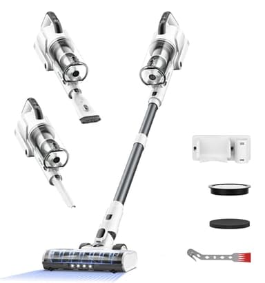 Klarpul Kabelloser Staubsauger, 600W 50KPa, 65 Min Laufzeit, Schnellladefunktion, Selbststehender Stielstaubsauger mit LED-Licht und Touchscreen, Leichtgewicht für Tierhaare/Teppich/Boden, Silber