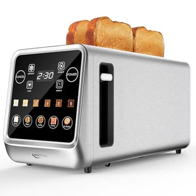 Keenstone Toaster 4 Scheiben, LED Display Touchscreen mit Memory-Funktion, Single-Slice-Technologie, Timer, Auftau- & Aufwärmfunktion, 6 Bräunungsstufen, 5 Brotprogramme, Krümelschublade, Edelstahl
