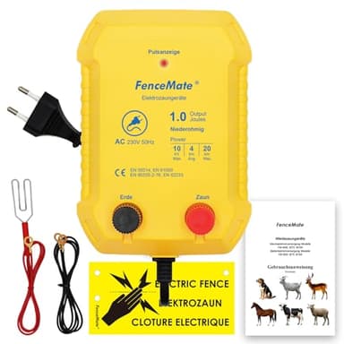 FenceMate 230V Weidezaungerät 1 Joule Output für 4 bis 20 km, niedrige Impedanz Spitzenspannung 10kV für Geflügel, Vieh, Hobbytiere, Haustiere, Steuergerät zum Schutz von Gärten und Grundstücken