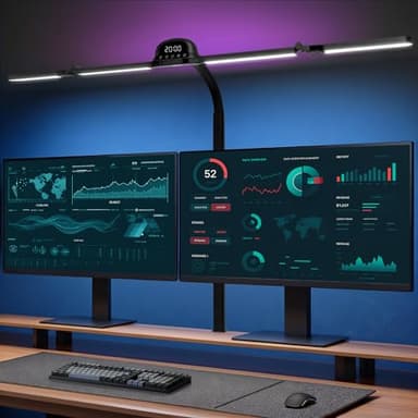 Bludrfnly Schreibtischlampe LED mit RGB, 120cm Monitor Lampe Klemmbar Dimmbar, Tageslichtlampe mit Bewegungssenso, Lichtsensor, Fernbedienungs, Uhr, für Büro, Lesen, Architekten, Schneider