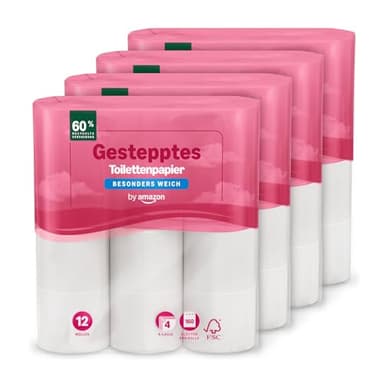 by Amazon Toilettenpapier, 4-lagig Gestepptes, Besonders Weich, 48 Rollen (12 Rollen, 4-er Pack), 160 Blätter pro Rolle, FSC-Zertifiziert