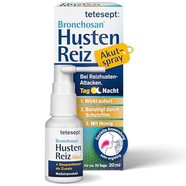 tetesept Bronchosan Hustenreiz Akut Spray I Sofort-Hilfe bei trockenem Reizhusten für Tag & Nacht I Hals und Rachenspray mit Honig & Dexpanthenol I Hustenstiller für Erwachsene & Kinder ab 5 Jahren