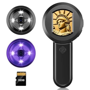 Mikroskop für Erwachsene Kinder Hand Lupe 100X Magnifier 2-Zoll-IPS-Bildschirm, Münzvergrößerer mit weiß/lila Licht, Juwelierlupe kompatibel mit Windows/Mac, Magnifier mit 32-GB-Speicherkart Schwarz