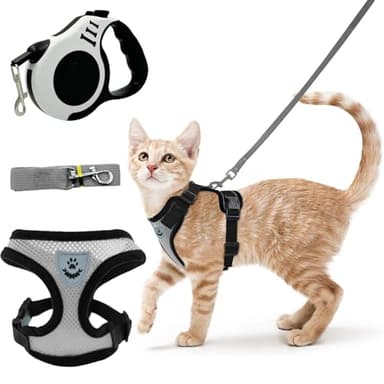 TenaLucy Katzengeschirr Ausbruchsicher(Grau), Katzenleine mit 5 m/16,4 Fuß(Weiß), Katzenleine mit Geschirr für Katzen Verstellbar, Katzen Geschirr Set mit Leine für Katze Hunde