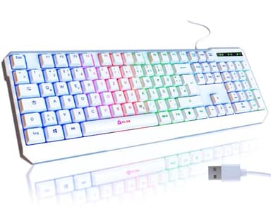 KLIM Chroma Gaming Tastatur QWERTZ DEUTSCH – USB Kabel, RGB Beleuchtung, Leise & Langlebig, Ergonomisch, Wasserdicht – Gamer Tastatur für PC, Mac, PS5, PS4 – Weiß