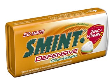 Smint Defensive Clean Breath, Metall-Dose enthält 50 Pastillen mit Orangen-Minz Geschmack, zuckerfreie Dragees mit Zink & Vitamin C (1 x 50 Stück)