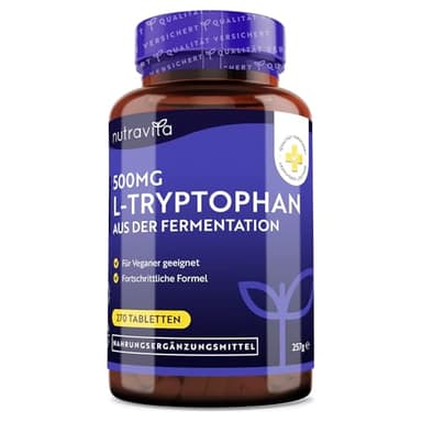 L-Tryptophan 500mg Hochdosiert - 270 Vegane Tabletten - Aus Pflanzlicher Fermentation - Premium Qualität L Tryptophan - Ohne Synthetische Bindemittel und Füllstoffe - Hergestellt von Nutravita