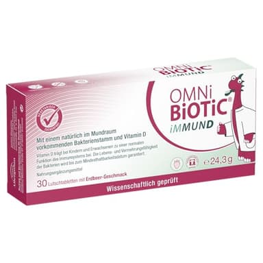 OMNi BiOTiC iMMUND | 30 Lutschtabletten | 1 Bakterienstamm | 1 Mrd. Keime pro Lutschtablette | Mit Vitamin D | Vegetarisch | Zuckerfrei | Zur täglichen Anwendung | Auch für Kinder | Erdbeergeschmack