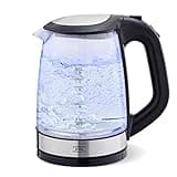 KHG Wasserkocher WK-1706 GES Glas, 2 Liter, LED Beleuchtung, Kalkfilter, Wasserstandsanzeige, Öffnen per Knopfdruck, Trockengehschutz & Abschaltautomatik, verdecktes Heizelement, BPA-frei, 2200 Watt