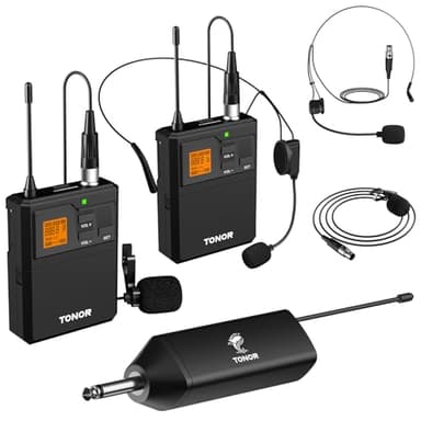 TONOR UHF Mikrofon Kabellos Set mit Headset Kopfbügel Funkmikrofon/Lavalier Ansteckmikrofonen Bodypack Transmitter, Empfänger, 6,35 mm Ausgang 60m Reichweite für Live-Auftritte, TW632, 2 Mikrofone