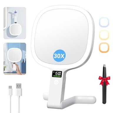 Auxmir Kosmetikspiegel mit Beleuchtung LED Display für Zeit/Akku/Helligkeitsstufe, Doppelseitig 30X/1X Schminkspiegel mit 3 Farben, Faltbar Tragbar Reisespiegel Tischspiegel USB Aufladbar, 2500mAh