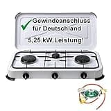 Campingkocher Gaskocher 3 flammig 50mbar Gasherd mit Gasschlauch und Gasregler mit 360°-Manometer Gas Füllstandsanzeige und Schlauchbruchsicherung 2 4