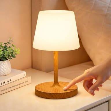 PreeOtti LED Tischlampe Kabellos, Nachttischlampe Touch, Tischlampe Kabellos Akku mit Stufenlos Dimmbar & Memory Funktion, Touch Nachttischlampe Dimmbar für Schlafzimmer, Café, Outdoor, Holzmaserung