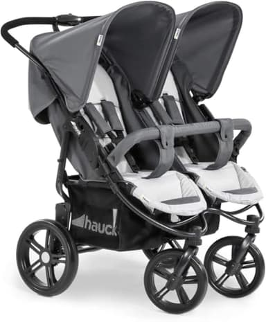 hauck Geschwisterwagen Roadster Duo SLX, Zwillingsbuggy ab Geburt bis 15 kg (ca. 3 Jahren) mit Liegefunktion, XL Korb, Einfach und Klein Zusammenklappbar, Große Räder (Grey/Silver)