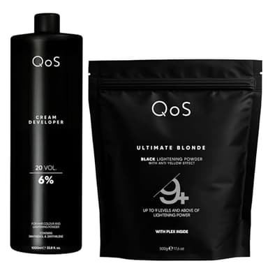 QOS Blondierset 6% (20 Vol), Blondierpulver 500g + Creme Entwickler 1000ml, staubarm, Anti-Gelbstich, Plex/Bond-Support, Profi Blondierung