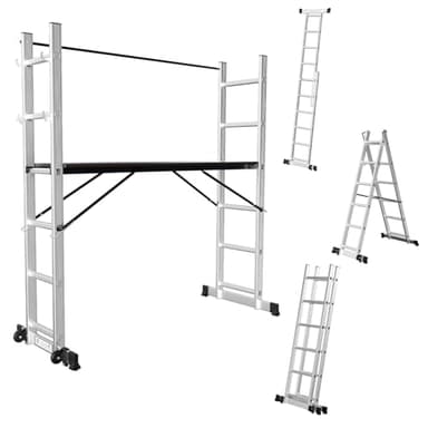 Fiqops Gerüst, 4-in-1 Alu Gerüst max 276cm,Bis zu 150 kg belastbar,vielseitiges Baugerüst, fahrbare Arbeitsbühne und 2 Rollen,Gerüstleiter,Rollgerüst,2x6 Sprossen,Silber