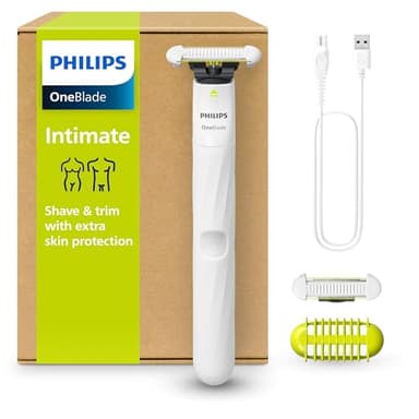 Philips OneBlade Intimate - Elektrischer Intimrasierer und Intimtrimmer für Damen und Herren, mit extra Hautschutz, 2x SkinProtect Klingen, 1x 3-mm-Trimmaufsatz, QP1924/30, Weiß