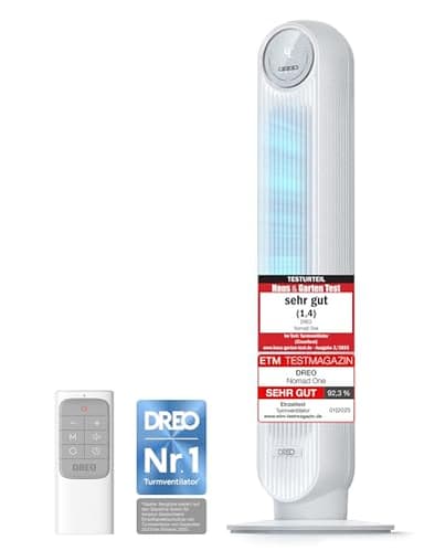 Dreo 20dB Leiser Turmventilator, 10 m Wurfweite 4 Geschwindigstufen 4 Modi 8 Std. Timer 90° oszillierende Ventilator mit Kühlung Fernbedienung für Schlafzimmer, Nomad One, Weiß