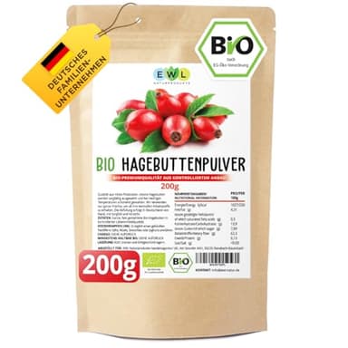 EWL Naturprodukte Hagebuttenpulver BIO 200g, Hagebuttenpulver in Rohkostqualität, Bio Hagebuttenpulver aus kontrolliert biologischem Anbau, Vegan