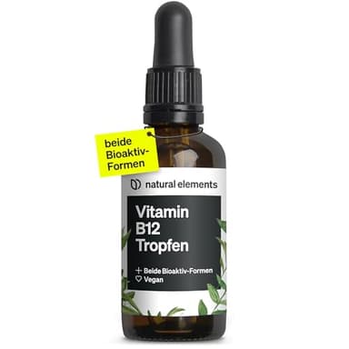 natural elements Vitamin B12 Tropfen – 50ml – 500µg B12 pro Tropfen – Jahresvorrat – 2 Aktivformen (Methyl- & Adenosylcobalamin) – vegan, ohne Alkohol – in Deutschland sorgfältig laborgeprüft