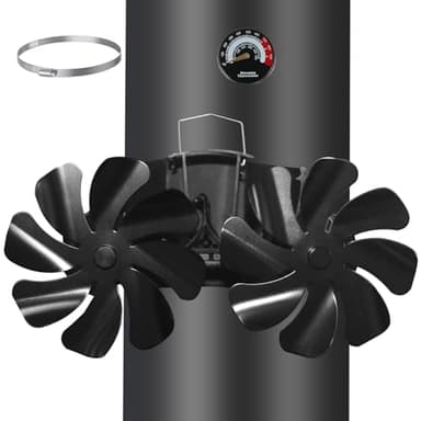 Tomersun Kaminventilator Magnetisch, Ofenventilator Ohne Strom mit 16 Blättern, Leiser Kamin Ventilator Kaminlüfter für Holz/Brennholz/Feuerstelle/Ofenrohr Mit Thermometer und 1pcs Ersatzteil Ring