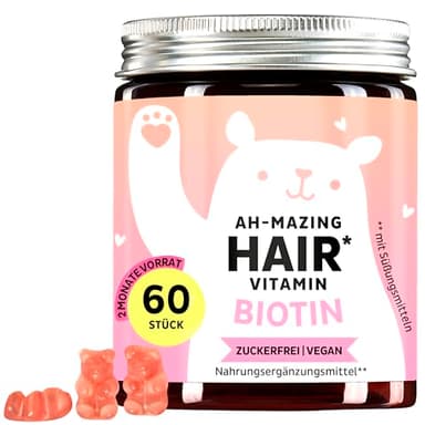 Biotin-Gummibärchen Ah-mazing Hair - Vitamine für Haare, Haut und Nägel – 5000 µg Biotin, Zink, Vitamin C, E & Jod – 60 Stück (2-Monatsvorrat), Vegan, Zuckerfrei, Bears with Benefits