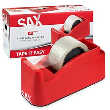 SAX Tape it Easy XXL Einhand Klebeband Abroller extra Schwer | für 1x 50mm Band oder 2x 25mm Band, Paketbandabroller mit Stiftehalter Funktion, rutschfest, inkl. doppelseitige Klinge, Rot