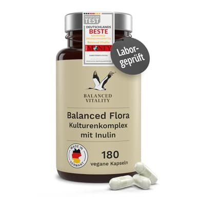Balanced Flora Kulturen Komplex - 20 Mrd. KBE je Tagesdosis - 180 vegane Kapseln 3 Monatsvorrat - 20 Bakterienstämme + Inulin - magensaftresistent - ohne Zusatzstoffe - Balanced Vitality