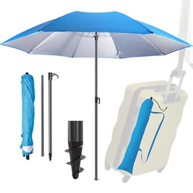 Menz Sonnenschirm Strand Ø 160 cm in Blau - Funktioneller Reise Sonnenschirm UPF 50+ für Koffer - Praktischer Strandschirm klein faltbar, kompakter Strandschirm koffertauglich