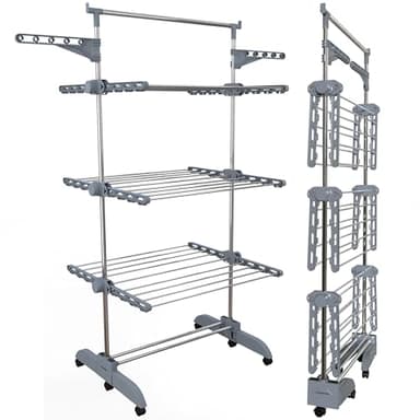 PORTENTUM Wäscheständer Turm klappbar 14 cm mit 5 Ebenen und 58 Haken für Kleiderbügel – Bis 40 kg – ständer mit 24 Edelstahlstangen – Für Innen- und Außenbereich – Rollen mit Feststellbremse