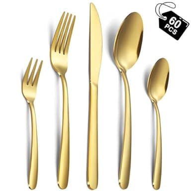 Hunnycook Besteck Set 12 personen, 60 Stück Edelstahl Besteck Gold, Goldenes Besteck mit Gabeln, Löffel und Tafelmesser, geeignet für Haushalt/Restaurant/Party, Spülmaschinenfest