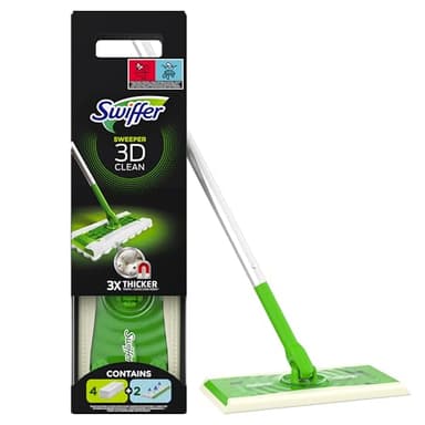 Swiffer Bodenwischer 3D Clean Starterkit, 1 Stab + 4 Trockene Bodentücher + 2 Feuchte Bodentücher, Set für Hartholz & Hartböden, entfernt Staub & Schmutz