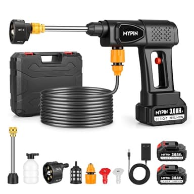 MYPIN Tragbarer kabelloser Hochdruckreiniger, 600 PSI 21V 2X wiederaufladbare Batterien Druckreiniger, 6-in-1 Düse mit Jet-Düsen für Auto Boden Wand Zaun Reinigung