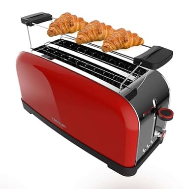 Cecotec Vertikaler Toaster mit 2 langen Schlitzen Toastin' Time 1500 Rot. 1500 W, 4 Brotscheiben, 3,8 cm breiter Schlitz, Brötchenaufsatz und Krümelschublade, Edelstahl und Rot