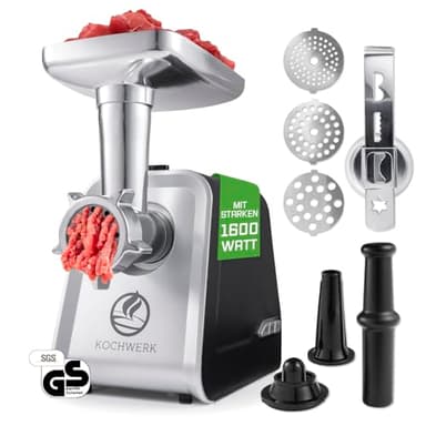 KOCHWERK elektrischer Fleischwolf mit verschiedenen Aufsätzen | verarbeitet bis zu 2000g/min | Hackfleisch, Kibbeh, Churros, Wurst & mehr auf Knopfdruck | leichte Bedienung und Reinigung [1600W]
