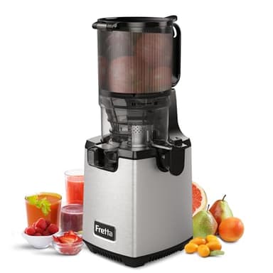 Fretta Slow Juicer Entsafter Gemüse und Obst Testsieger, 250W Edelstahl Saftpresse Elektrisch Obstpresse Kaltpresse Saftmaschine mit 135mm Großem Öffnung, Leicht zu Reinigen, Umkehrfunktion, BPA Frei