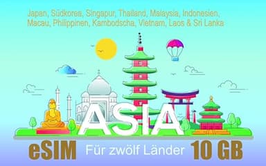 Asia 4G Prepaid eSIM Karte (nur Daten)-REGISTRIERT FREI-Japan, Südkorea, Singapur, Thailand, Malaysia, Indonesien, Macau, Philippinen, Kambodscha, Vietnam, Laos & Sri Lanka (10GB-30 Tage-eSIM)