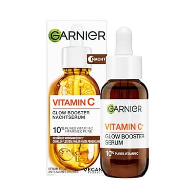 Garnier SkinActive Vitamin C Glow Booster Nachtserum: 10% pures Vitamin C & Hyaluronsäure für strahlende, glatte Haut. Regeneriert im Schlaf, mildert Linien & Pigmentflecken. Vegan & nachhaltig.