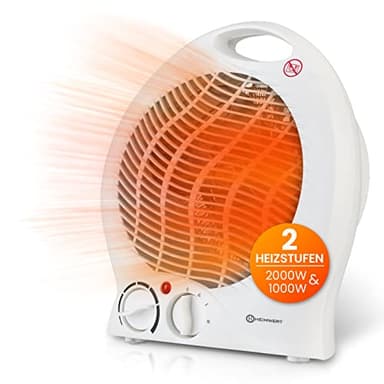 HEIMWERT Heizlüfter energiesparend 2000 Watt - Schnellheizer mit ENERGIESPARSTUFE und Tragegriff - Elektroheizung mit Thermostat und 2 Strom Heizstufen I 2in1 Kühlfunktion I 22x29x13 cm (weiß)